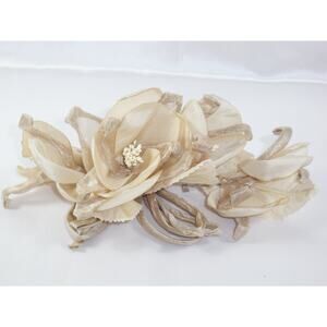 Satan Beige Tan Flower Millinery Brooch Pin Bridal MOB corsage floral brooch